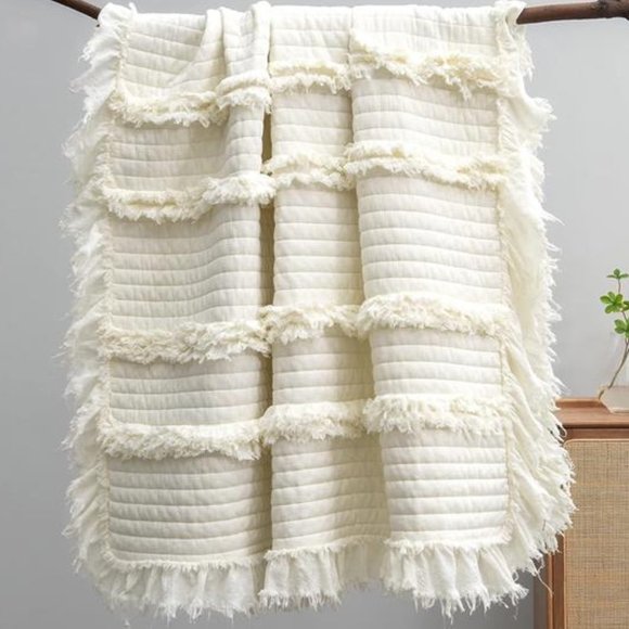 Farmhouse Throw Blanket Boho Cottage Decor Soft Decorative Cream Quilted Cover - Picture 2 of 10